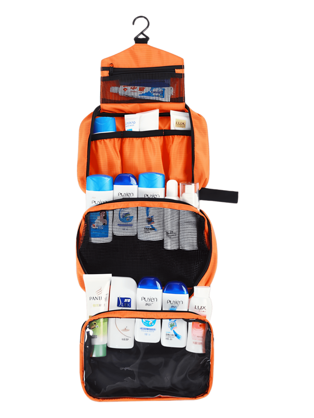 Trousse de toilette à crochet, camping, trekking, voyage, à suspendre en toile parachute avec compartiments, grand modèle orange 1