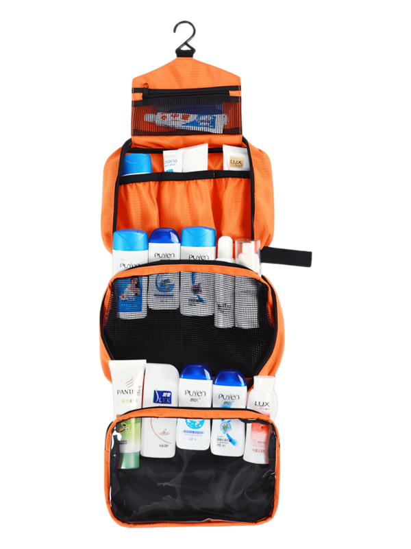 Trousse de toilette à crochet, camping, trekking, voyage, à suspendre en toile parachute avec compartiments, grand modèle orange 1