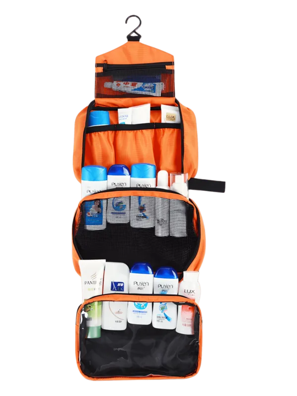 Kulturbeutel mit Haken, Camping, Trekking, Reisen, zum Aufhängen aus Fallschirmtuch mit Fächern, großes Modell orange 1