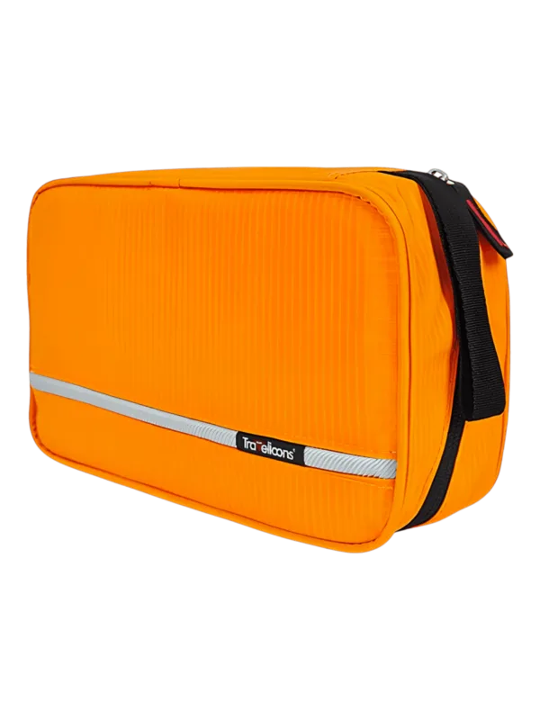 Saco de toilette com gancho, campismo, trekking, viagem, para pendurar, em tecido de para-quedas com compartimentos, modelo grande laranja 2