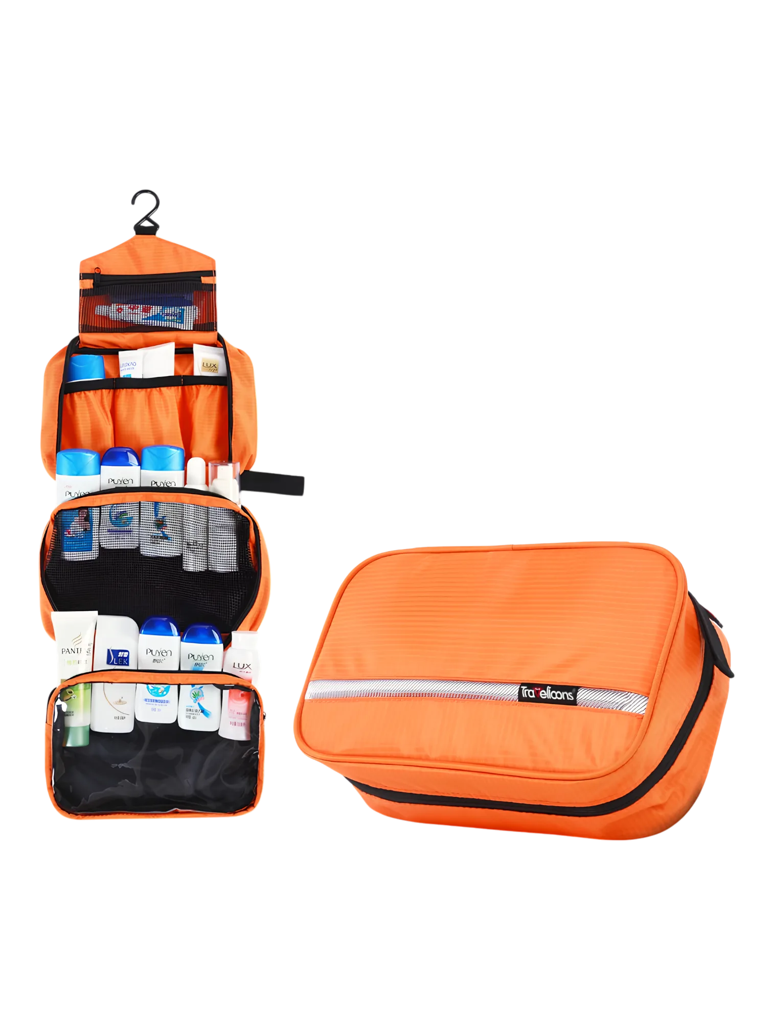 Trousse de toilette à crochet, camping, trekking, voyage, à suspendre en toile parachute avec compartiments, grand modèle orange