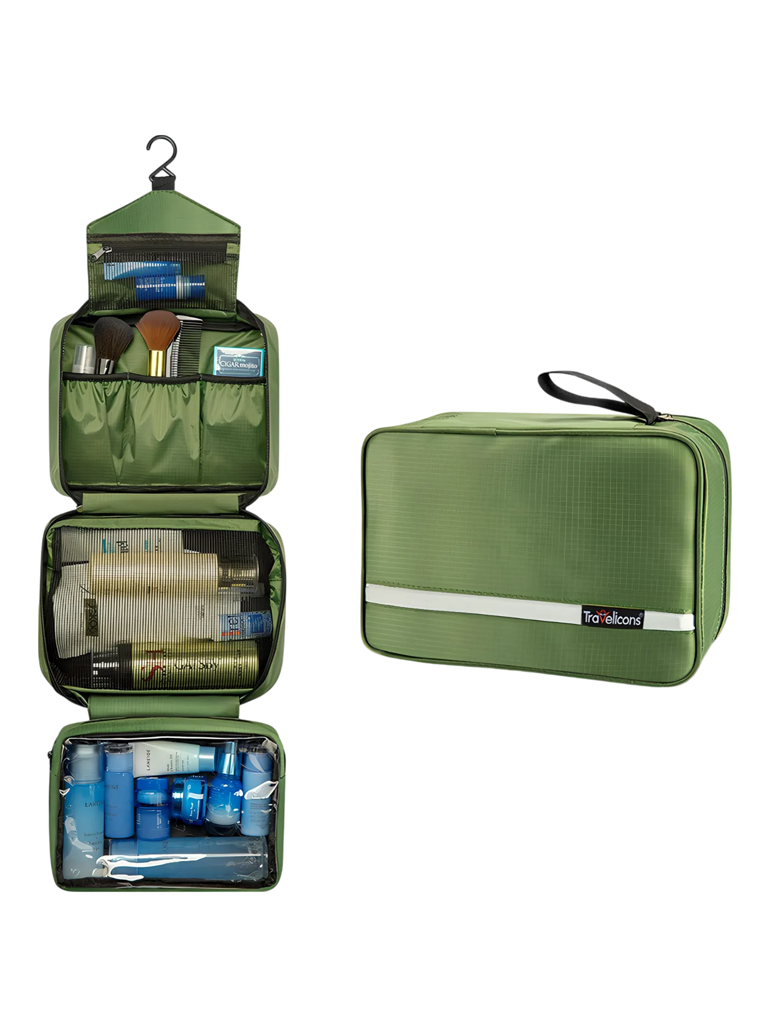 Trousse de toilette à crochet, camping, trekking, voyage, à suspendre en toile parachute avec compartiments, grand modèle vert