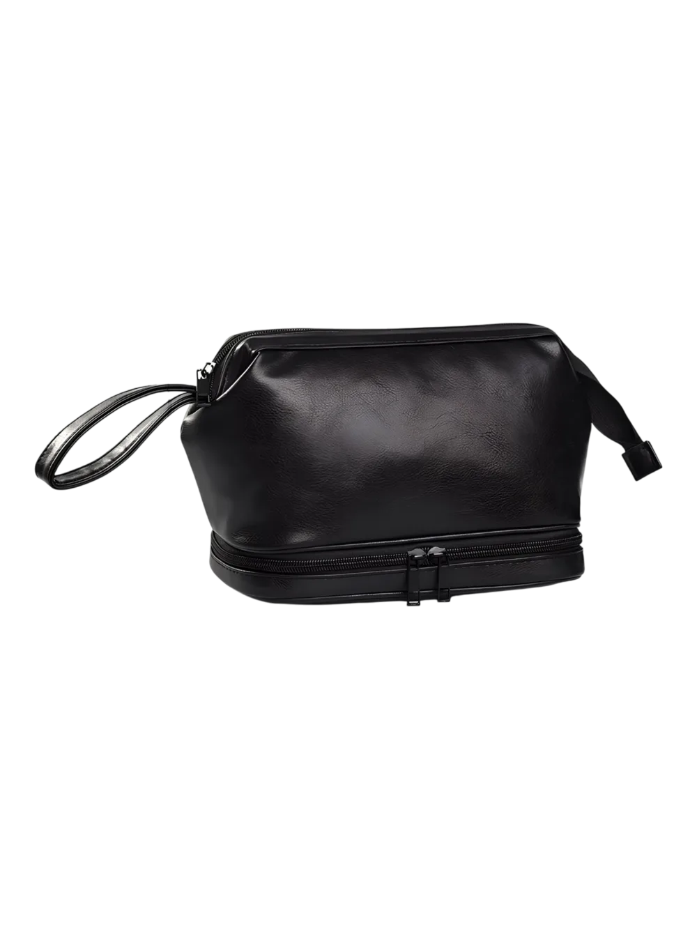 Borsa da toilette da uomo a due scomparti, tinta unita con diversi colori di pelle nera ebano Borsa da toilette da uomo a due scomparti, tinta unita con diversi colori di pelle nera ebano