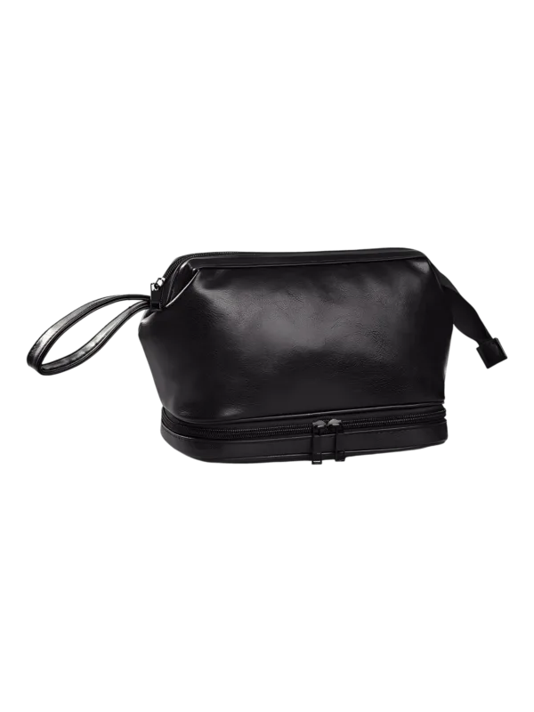 Two-compartment men's toiletry bag, solid color with several ebony black leather colors
