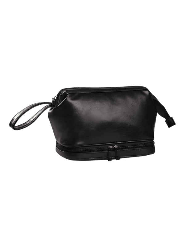 Two-compartment men's toiletry bag, solid color with several ebony black leather colors