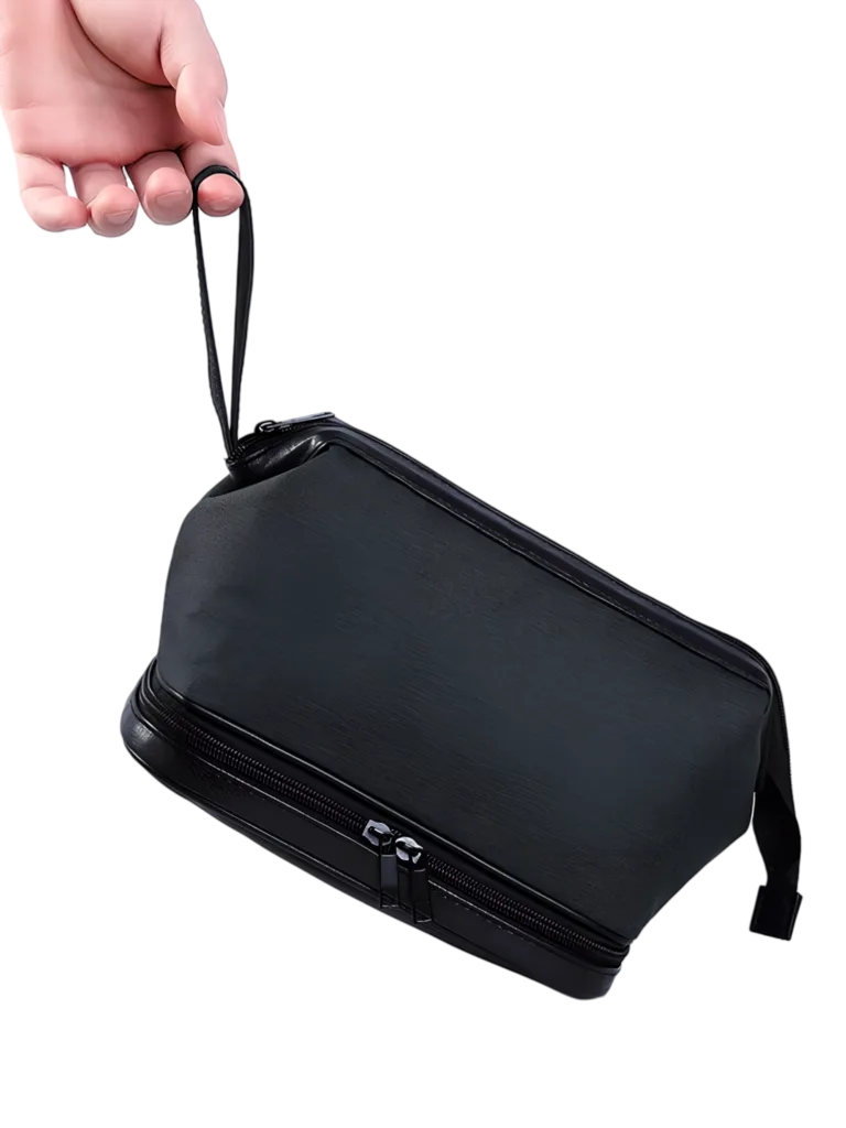 Trousse de toilette homme deux compartiments, couleur unie avec plusieurs coloris présentation modèle noir