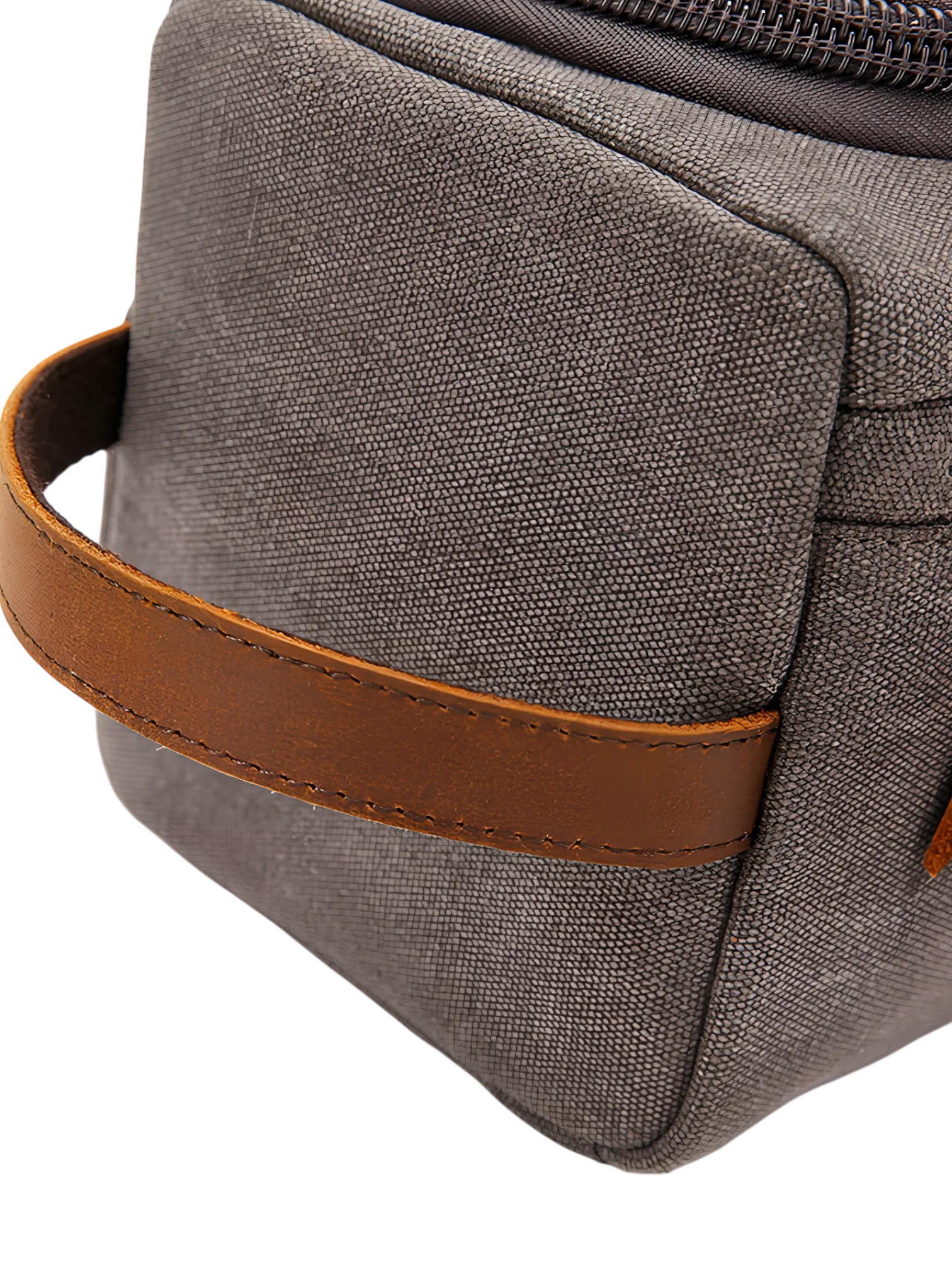 Trousse de toilette homme en toile avec empiècements cuirs et pochette extérieure couleur unie détails anse