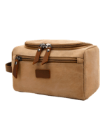 Trousse de toilette homme en toile avec empiècements cuirs et pochette extérieure couleur unie modèle beige