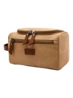 Trousse de toilette homme en toile avec empiècements cuirs et pochette extérieure couleur unie modèle beige Trousse de toilette homme en toile avec empiècements cuirs et pochette extérieure couleur unie modèle beige
