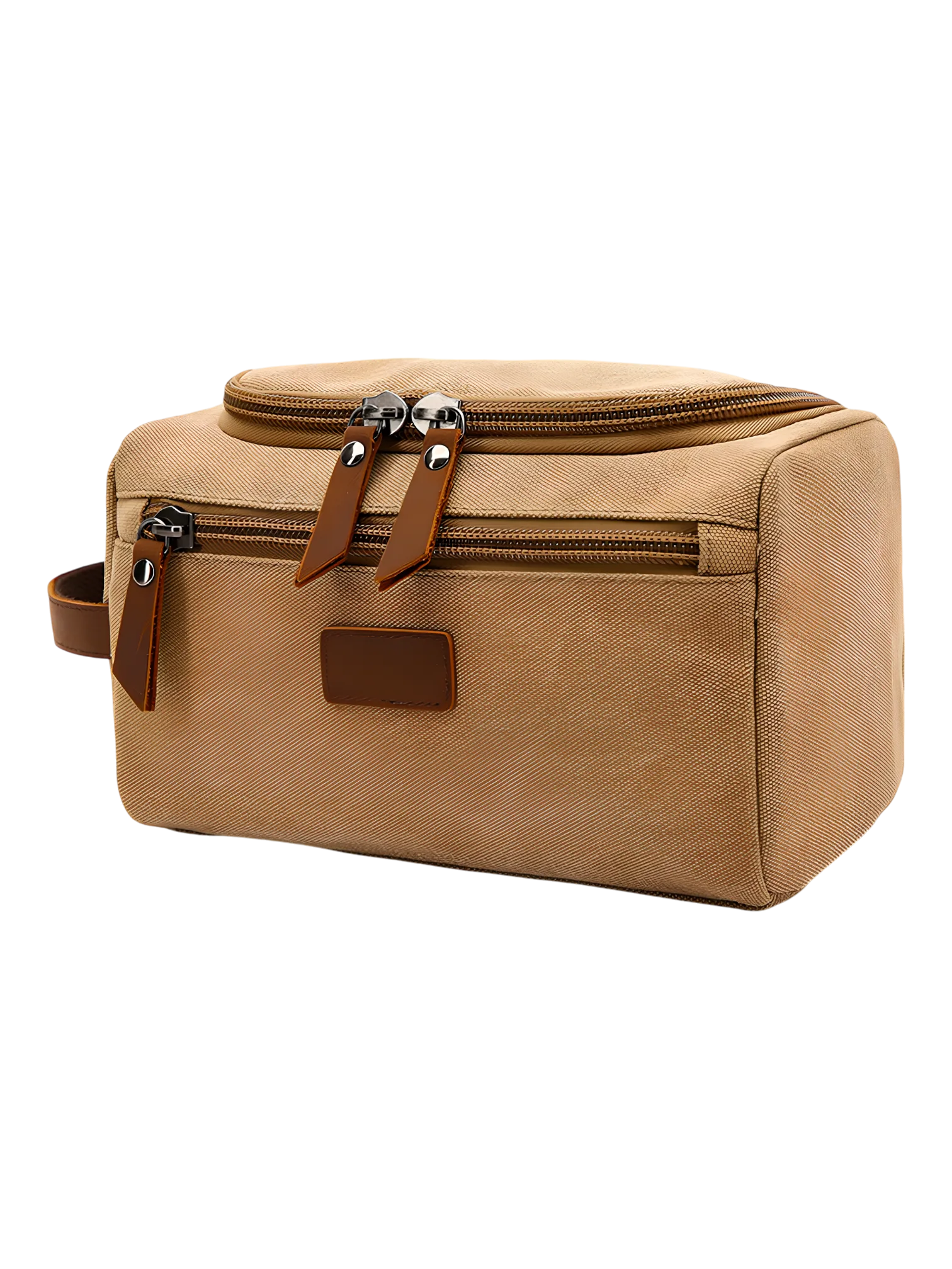 Trousse de toilette homme en toile avec empiècements cuirs et pochette extérieure couleur unie modèle beige