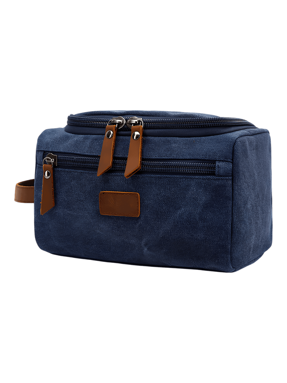 Trousse de toilette homme en toile avec empiècements cuirs et pochette extérieure couleur unie modèle bleu