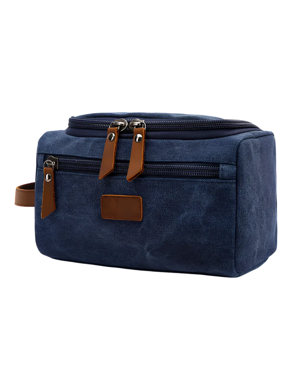 Trousse de toilette homme en toile avec empiècements cuirs et pochette extérieure couleur unie modèle bleu Trousse de toilette homme en toile avec empiècements cuirs et pochette extérieure couleur unie modèle bleu