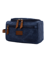 Trousse de toilette homme en toile avec empiècements cuirs et pochette extérieure couleur unie modèle bleu