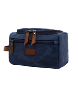 Trousse de toilette homme en toile avec empiècements cuirs et pochette extérieure couleur unie modèle bleu Trousse de toilette homme en toile avec empiècements cuirs et pochette extérieure couleur unie modèle bleu