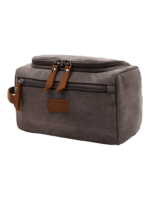Trousse de toilette homme en toile avec empiècements cuirs et pochette extérieure couleur unie modèle gris