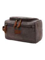 Trousse de toilette homme en toile avec empiècements cuirs et pochette extérieure couleur unie modèle gris Trousse de toilette homme en toile avec empiècements cuirs et pochette extérieure couleur unie modèle gris