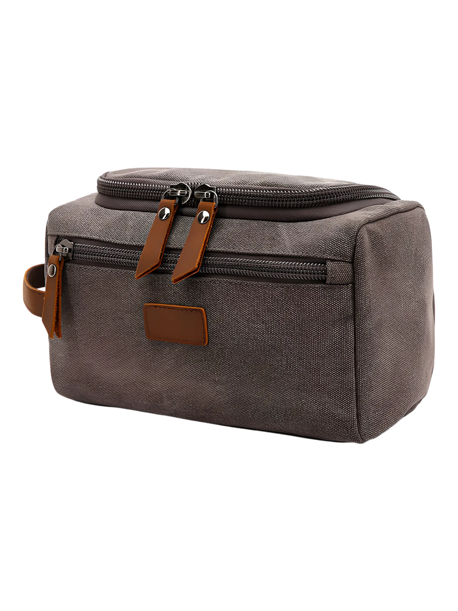 Trousse de toilette homme en toile avec empiècements cuirs et pochette extérieure couleur unie modèle gris