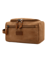 Trousse de toilette homme en toile avec empiècements cuirs et pochette extérieure couleur unie modèle marron