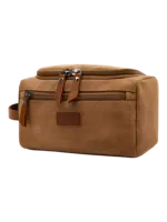 Men's toiletry bag in canvas with leather inserts and outside pocket, plain brown model Men's toiletry bag in canvas with leather inserts and outside pocket, plain brown model