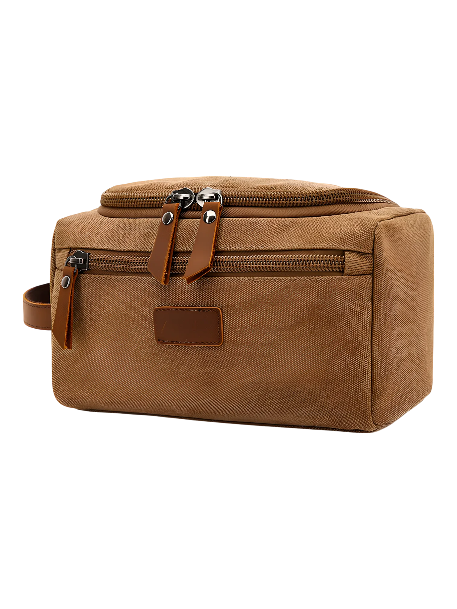 Trousse de toilette homme en toile avec empiècements cuirs et pochette extérieure couleur unie modèle marron