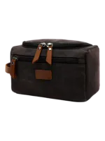 Trousse de toilette homme en toile avec empiècements cuirs et pochette extérieure couleur unie modèle noir Trousse de toilette homme en toile avec empiècements cuirs et pochette extérieure couleur unie modèle noir