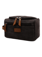 Trousse de toilette homme en toile avec empiècements cuirs et pochette extérieure couleur unie modèle noir Trousse de toilette homme en toile avec empiècements cuirs et pochette extérieure couleur unie modèle noir