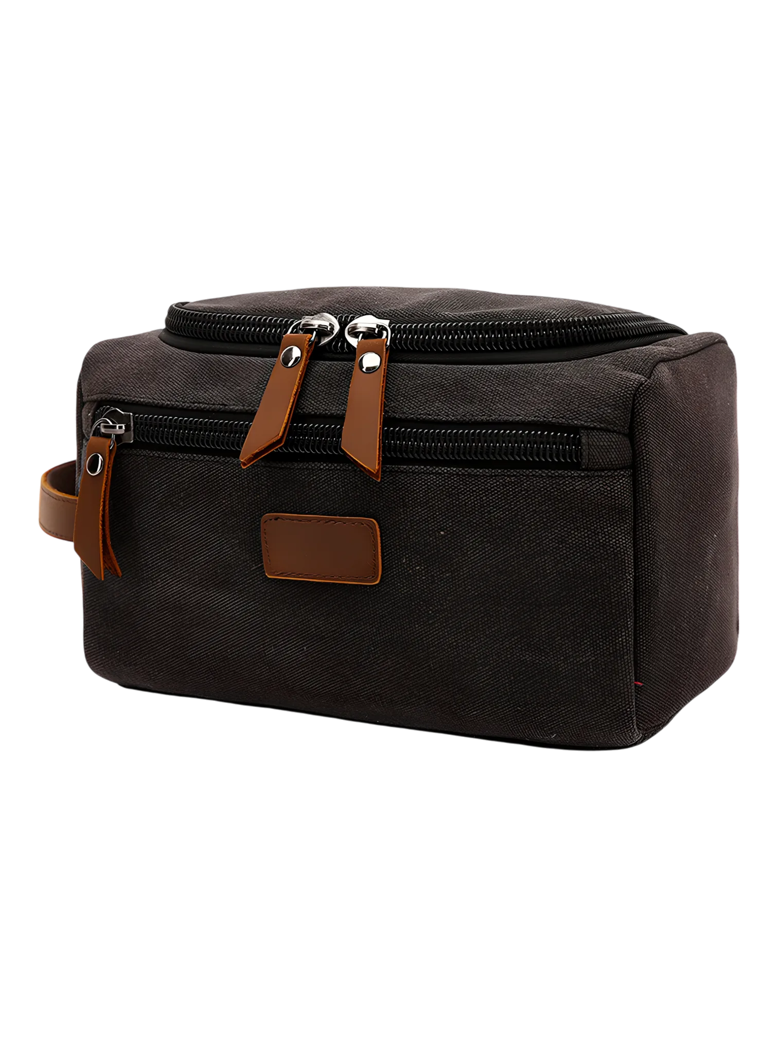 Trousse de toilette homme en toile avec empiècements cuirs et pochette extérieure couleur unie modèle noir