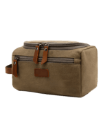 Trousse de toilette homme en toile avec empiècements cuirs et pochette extérieure couleur unie modèle vert olive