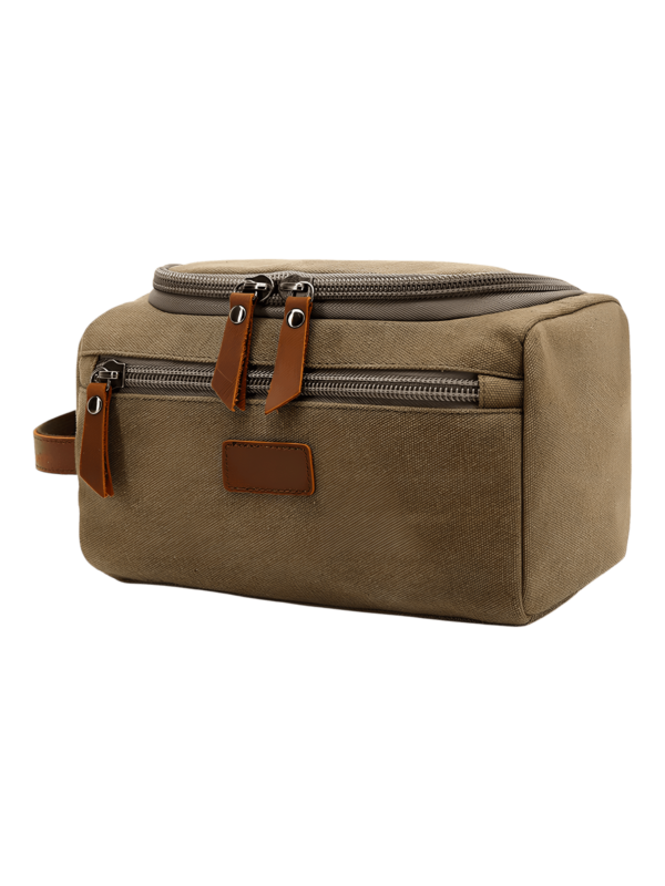 Trousse de toilette homme en toile avec empiècements cuirs et pochette extérieure couleur unie modèle vert olive