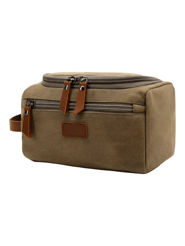 Trousse de toilette homme en toile avec empiècements cuirs et pochette extérieure couleur unie modèle vert olive
