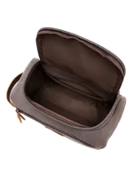 Men's toiletry bag in canvas with leather inserts and outside pocket in plain color, inside view Men's toiletry bag in canvas with leather inserts and outside pocket in plain color, inside view
