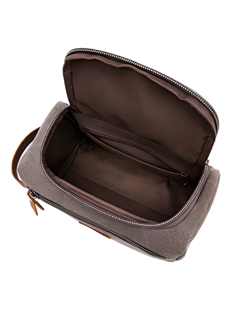 Trousse de toilette homme en toile avec empiècements cuirs et pochette extérieure couleur unie vue intérieure
