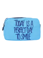 Trousse de toilette femme bonne humeur et pensée positive, plusieurs coloris, deux compartiments modèel bleu