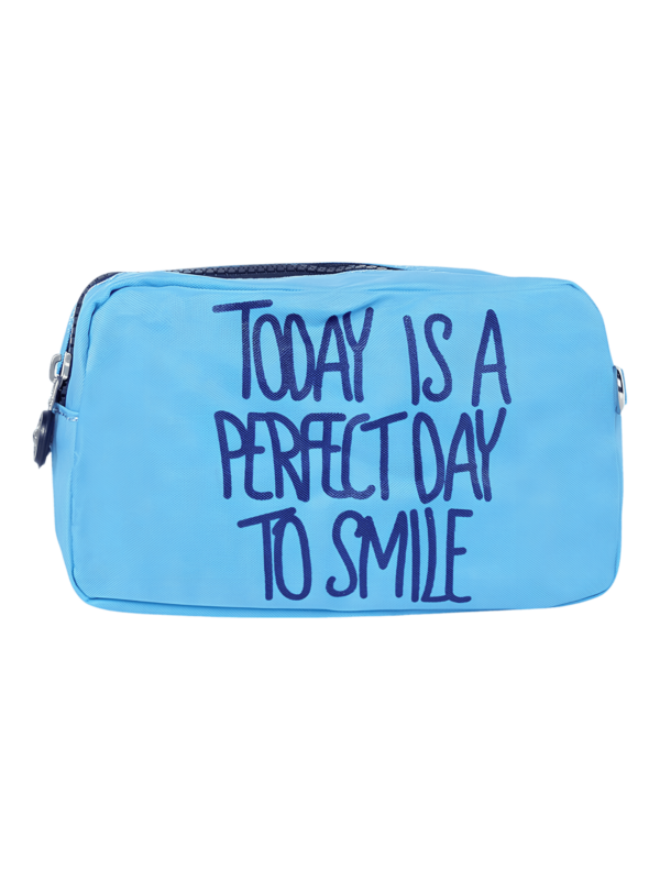 Trousse de toilette femme bonne humeur et pensée positive, plusieurs coloris, deux compartiments modèel bleu