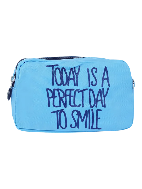 Trousse de toilette femme bonne humeur et pensée positive, plusieurs coloris, deux compartiments modèel bleu