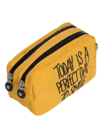 Trousse de toilette femme bonne humeur et pensée positive, plusieurs coloris, deux compartiments modèle jaune vue de côté