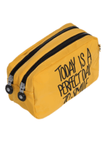 Saco de toilette para mulher, boa disposição e pensamento positivo, cores diferentes, dois compartimentos, modelo amarelo, vista lateral Saco de toilette para mulher, boa disposição e pensamento positivo, cores diferentes, dois compartimentos, modelo amarelo, vista lateral