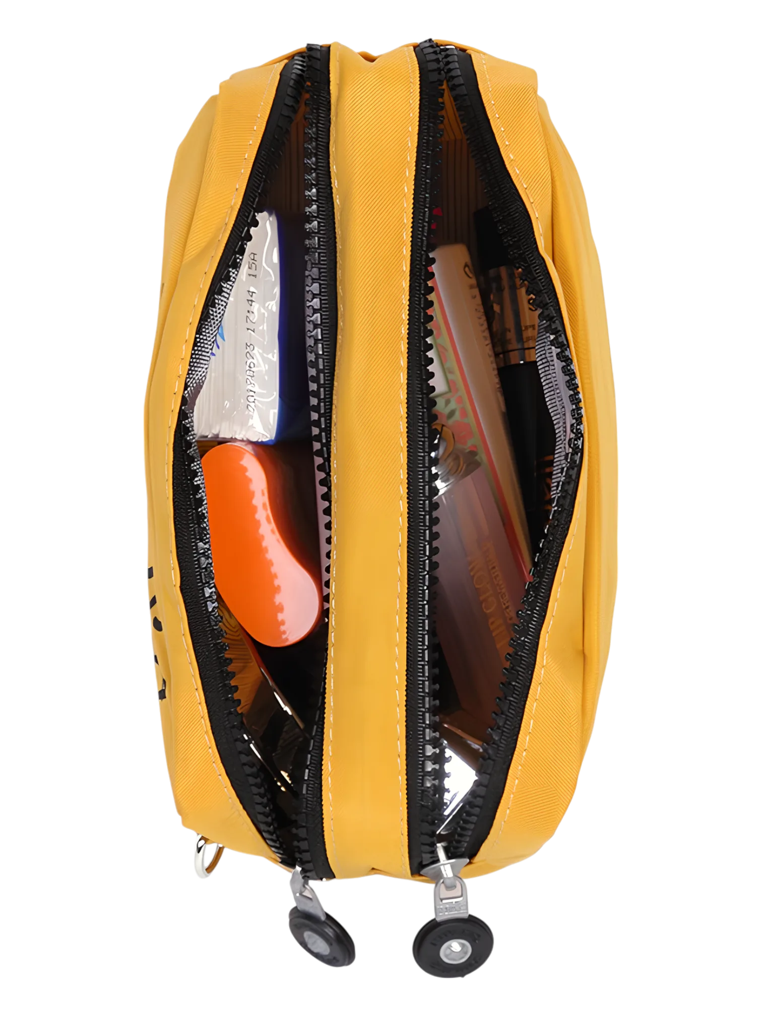 Trousse de toilette femme bonne humeur et pensée positive, plusieurs coloris, deux compartiments vue intérieure