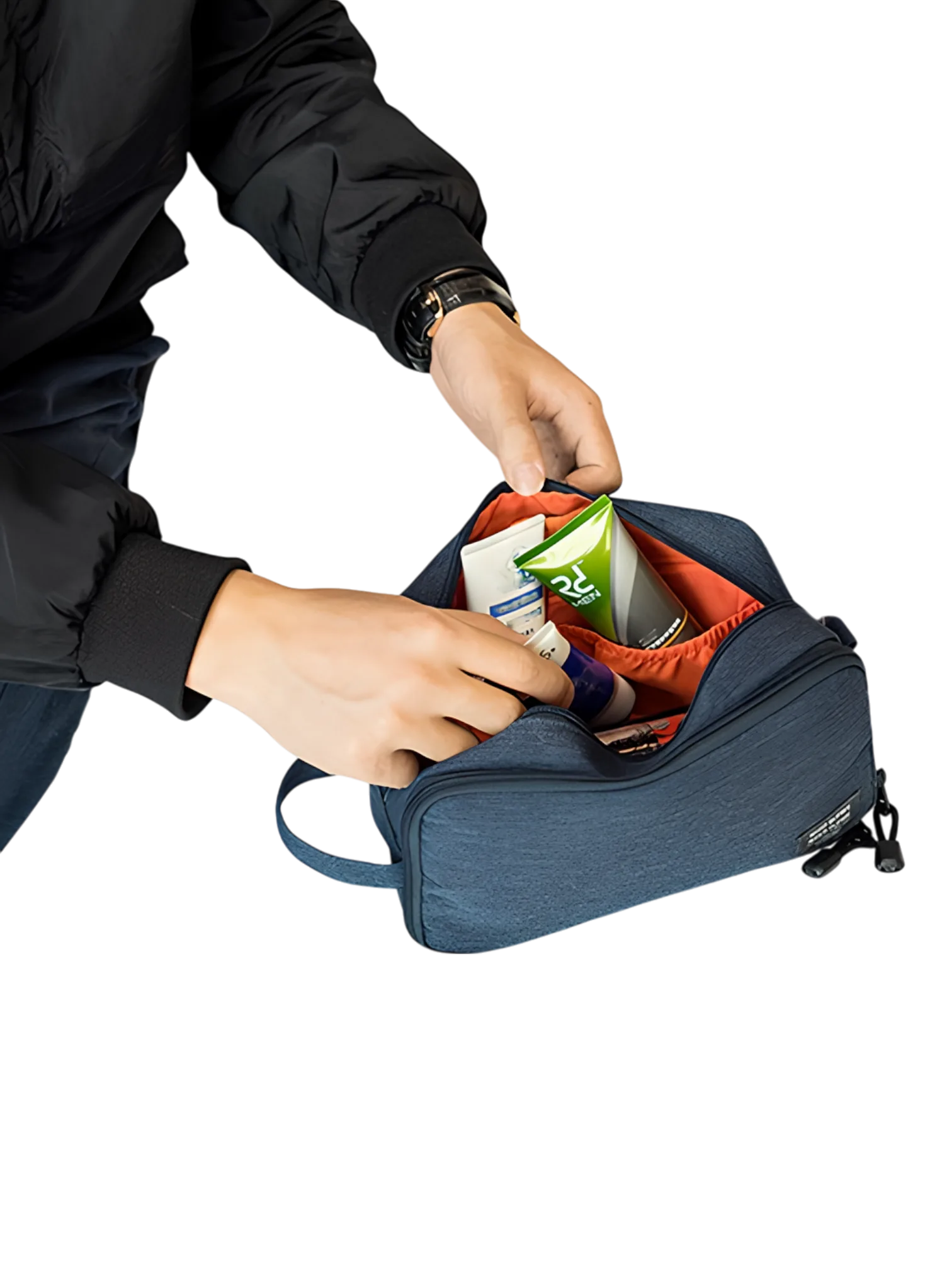Compartmented men's toiletry bag with inside pockets, plain color, inside view presentation
