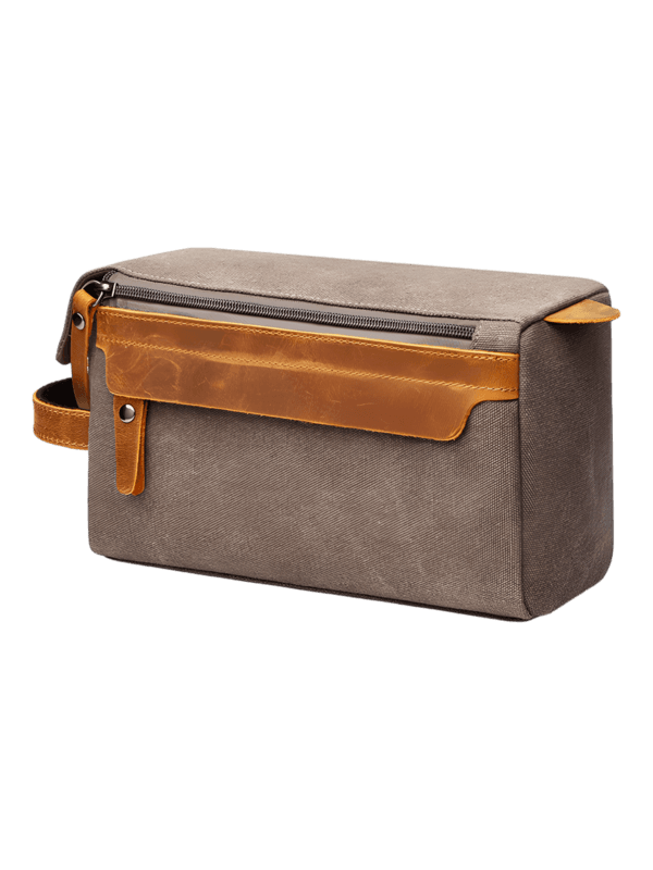 Herentoilettas van canvas en leren inzetstukken, grijs model Herentoilettas van canvas en leren inzetstukken, grijs model