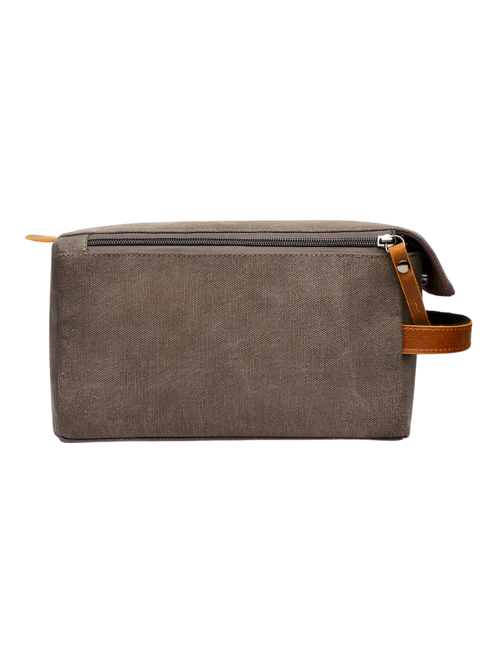 Neceser de hombre en lona con inserciones de piel, vista trasera modelo gris Neceser de hombre en lona con inserciones de piel, vista trasera modelo gris