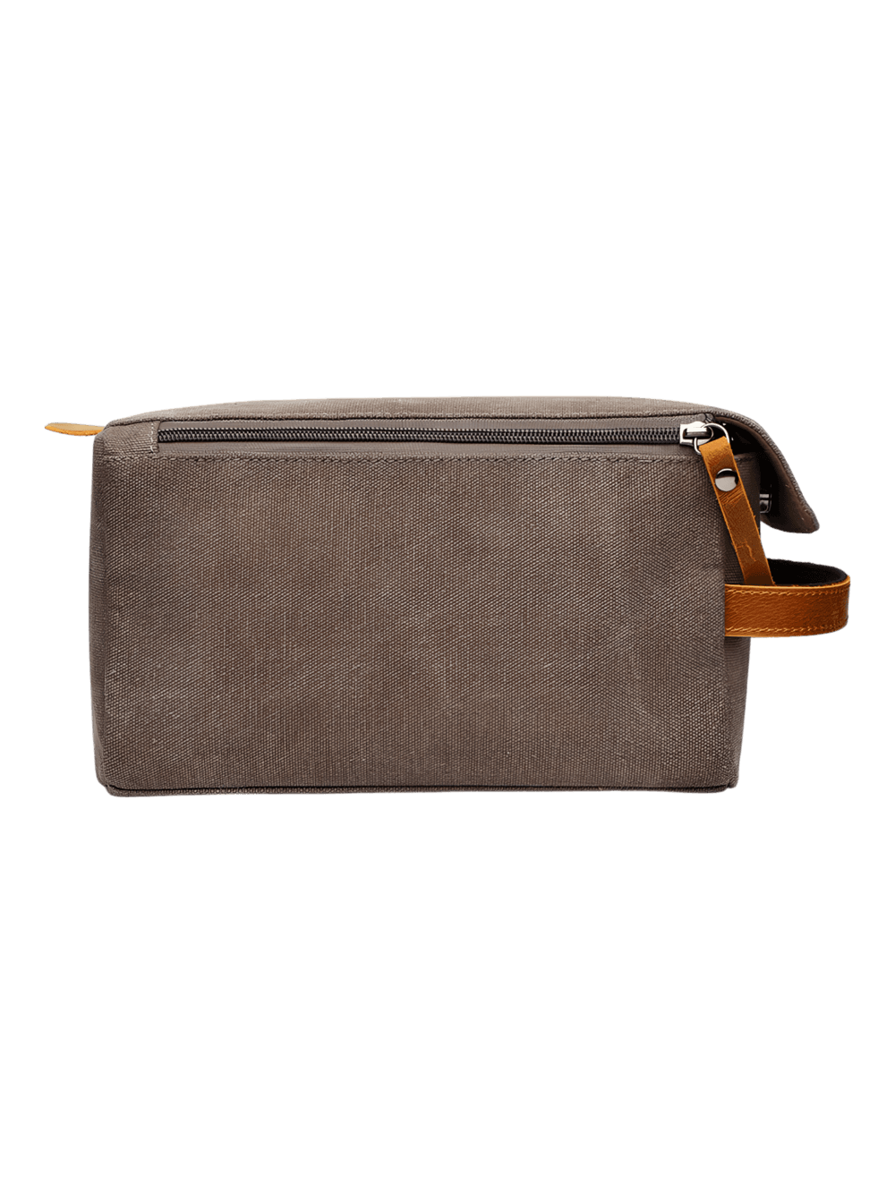 Trousse de toilette homme en toile et empiècements en cuir modèle gris vue arrière Trousse de toilette homme en toile et empiècements en cuir modèle gris vue arrière