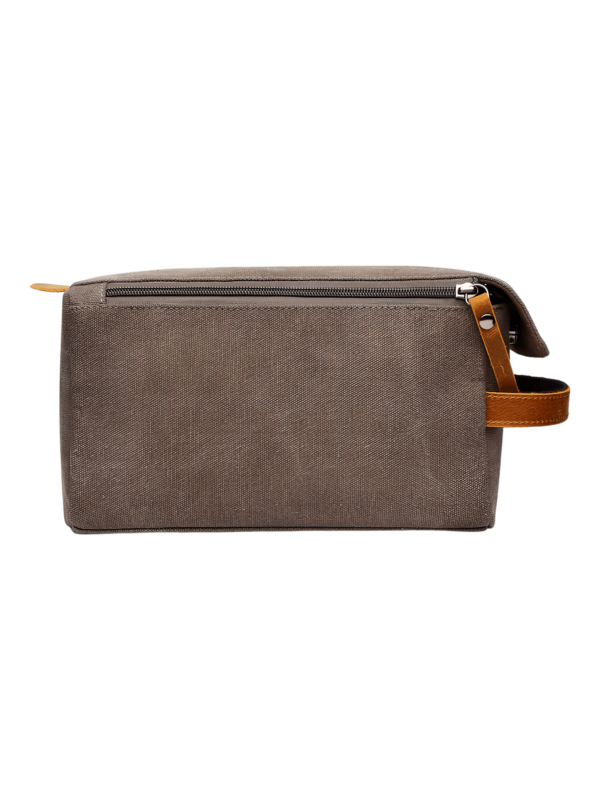 Borsa da toilette da uomo in tela con inserti in pelle, vista posteriore modello grigio