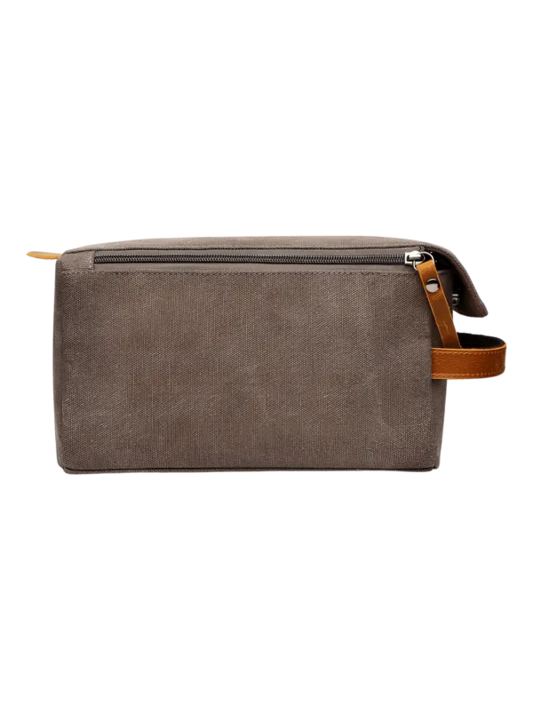 Men's toiletry bag in canvas and leather inserts, grey model, rear view