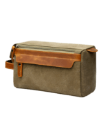 Trousse de toilette homme en toile et empiècements en cuir modèle vert olive Trousse de toilette homme en toile et empiècements en cuir modèle vert olive