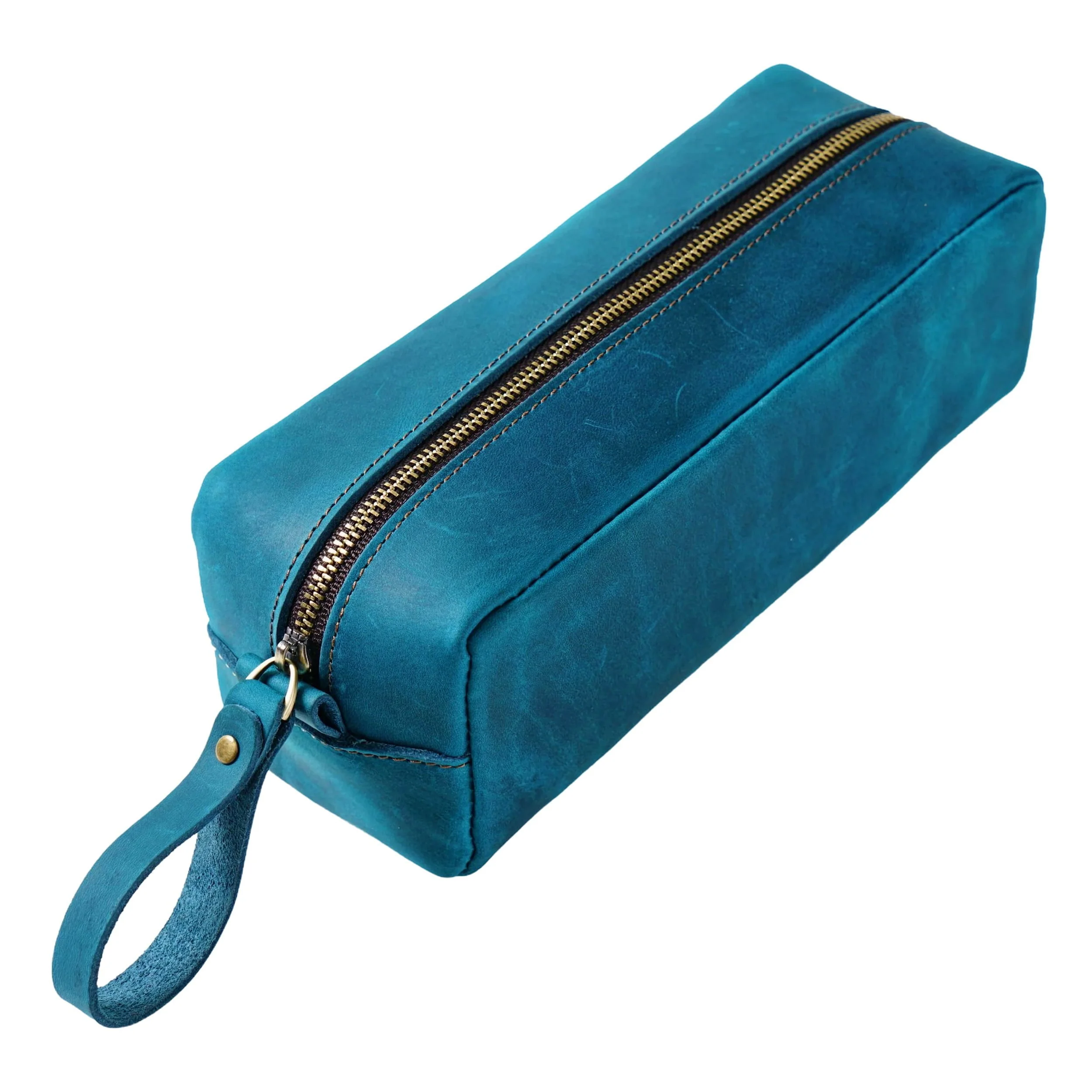 Petite trousse de maquillage en cuir bleu turquoise