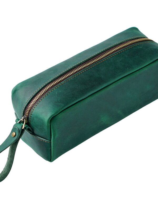 Petite trousse de maquillage en cuir vert émeraude photo 1