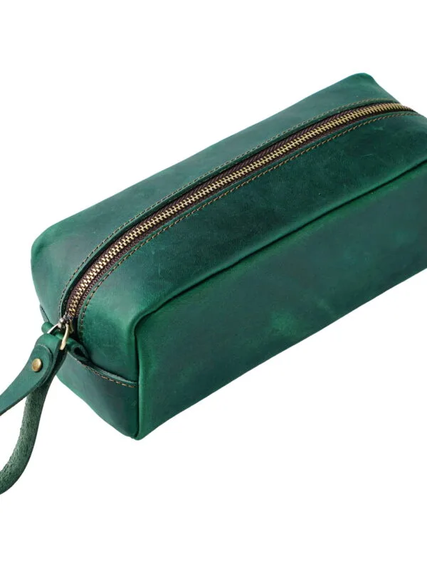 Petite trousse de maquillage en cuir vert émeraude photo 1