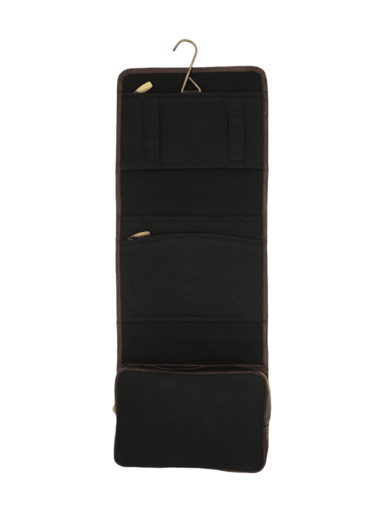 Trousse de toilette en cuir à suspendre voyage avec compartiments et bandes élastiques garde accessoire face avant
