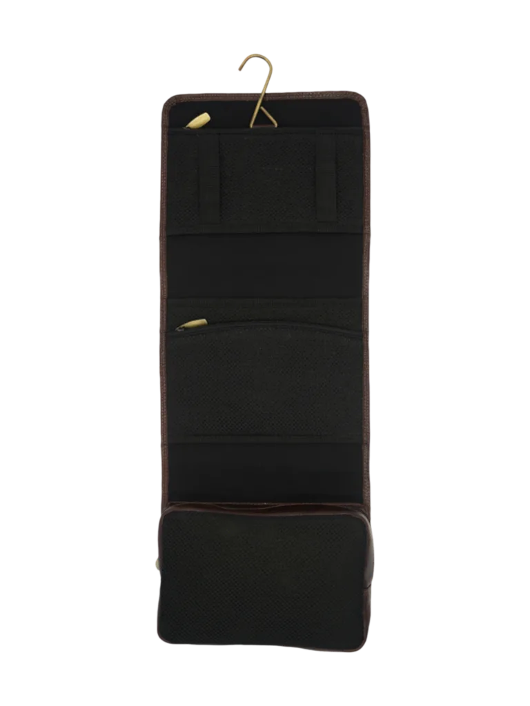 Trousse de toilette en cuir à suspendre voyage avec compartiments et bandes élastiques garde accessoire face avant
